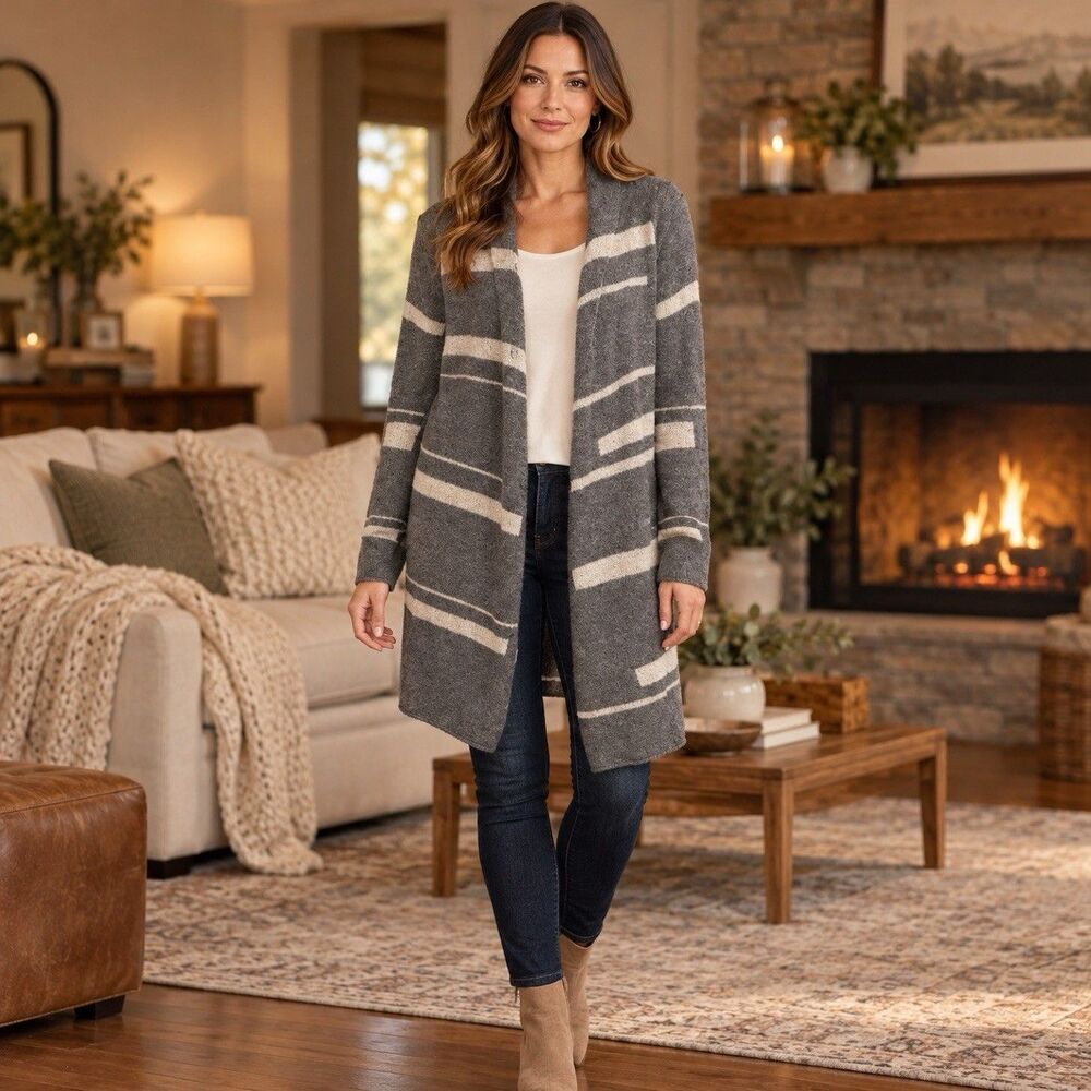 Tahari 2 PlyCashmere Longline Cardigan Striped Open Front 90’s Minimalist Gray L